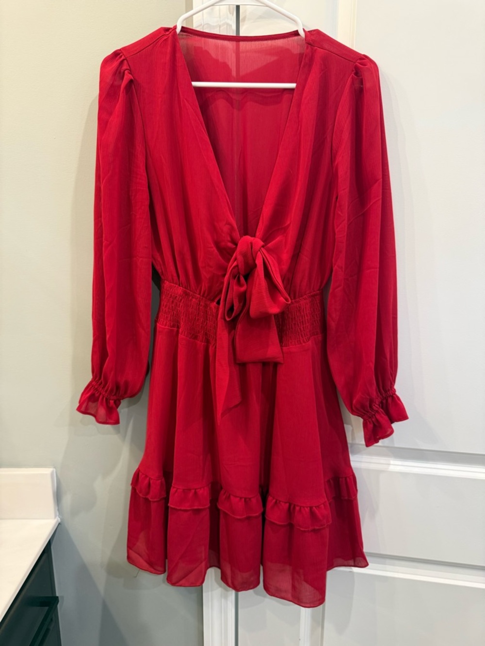 Red Tie-Front Long Sleeve Mini Dress Romper